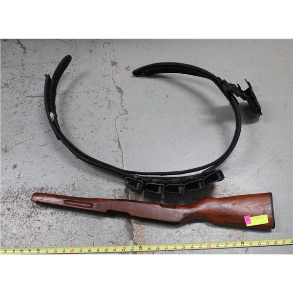 WOODEN GUN STOCK SOLD WITH AMMO BELT