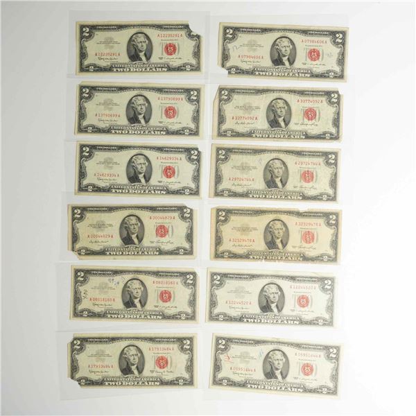 Eleven 1953, 1963 and 1963A US Two Dollars Red Seal Notes