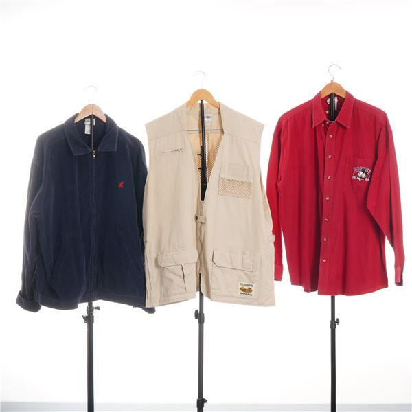 3pc Pieces of Extra Large Disney Wear Including a Red Flannel Shirt Tan Utility Vest and Blue Cordur