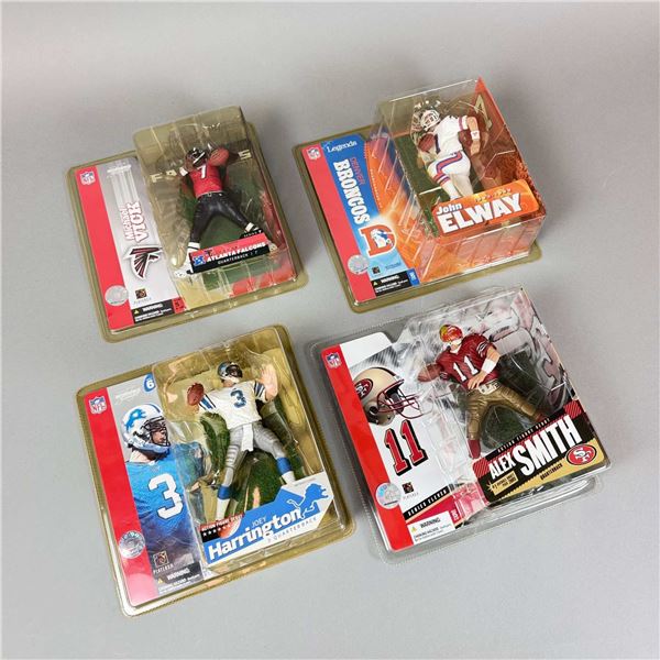 4pc NFL McFarlane Toys Sportspicks Action Figures featuring Michael Vick, John Elway, Joey Harringto