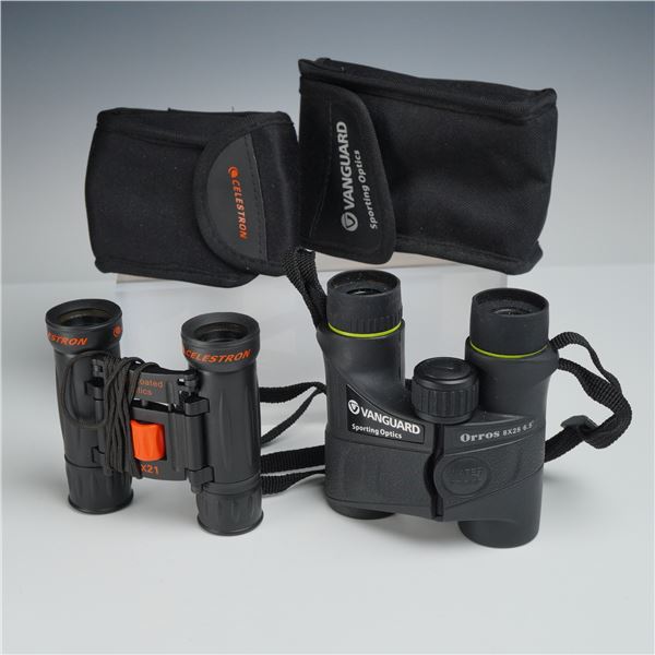 2pc Binoculars with Cases, Vanguard Sporting Optics Orros and Celestron