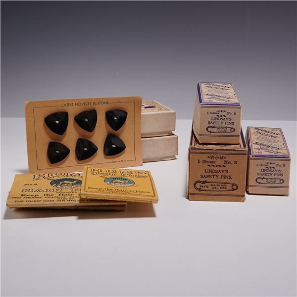 9pc Vintage Items Including Mosti's Antiseptic Soap, Lindsay's Safety Pins, and Hump Hair Pins