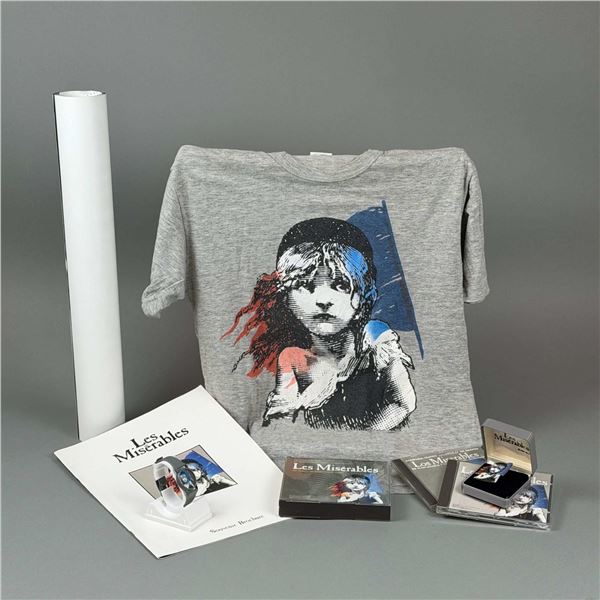8pc Les Miserables Grouping Including Poster, Watch, Pin, Souvenir Brochure, Medium Tee-Shirt, and T