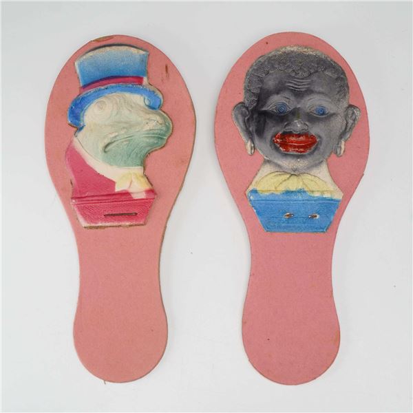 2pc Antique German Embossed Cardboard Frog and African American Caricature Clapper Noisemakers