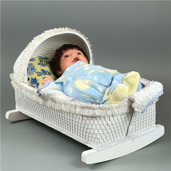 Lee Middleton Doll Company Boy Doll with Wicker Rocking Bassinet