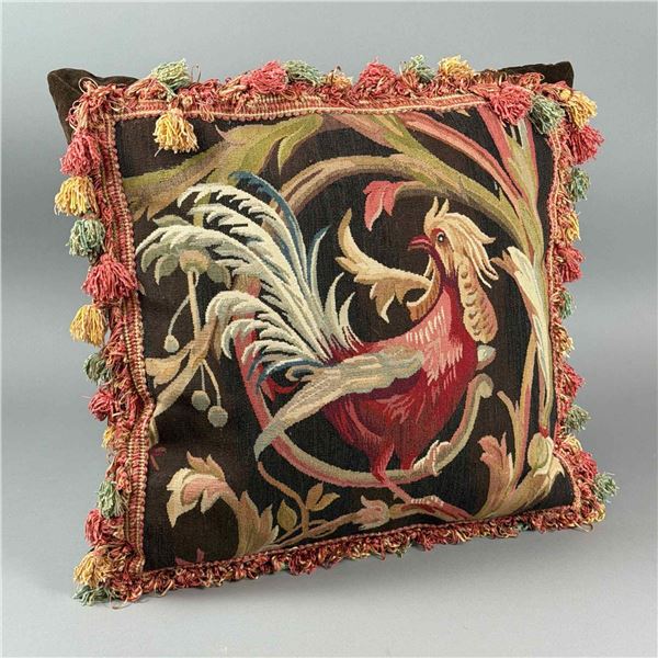 Handwoven Aubusson Style Rooster Design Throw Pillow with Tassel Fringe