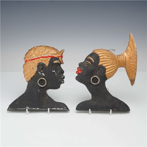 Pair of Mid-Century Modern Painted Cast Aluminum Africana Wall Decorations