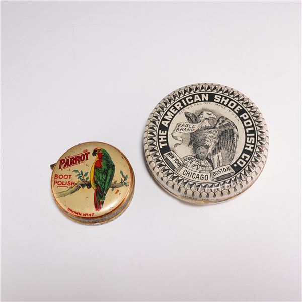 2pc Vintage Advertising Tins, Parrot Boot Polish and Eagle Brand Shoe Polish