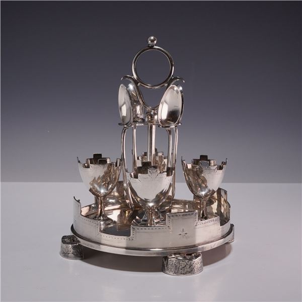 Silver-Plated Egg Cups and Spoons on Stand in the Style of Christopher Dresser