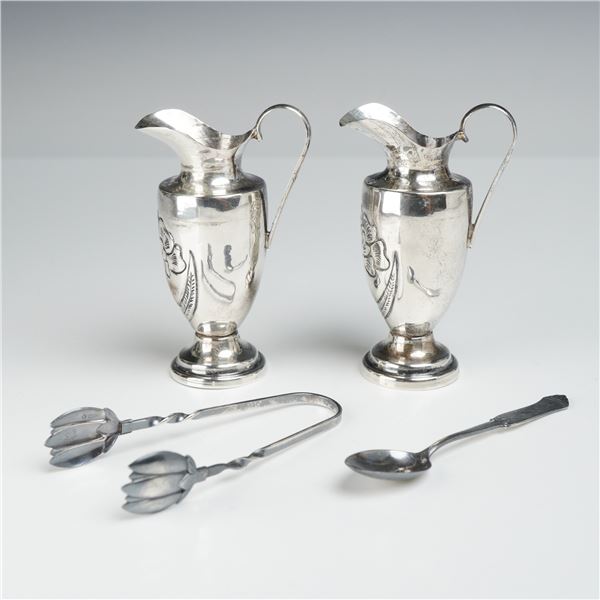 4pc Mexico Sterling Silver Miniature Ewer Salt & Pepper Shakers, Tongs and Spoon