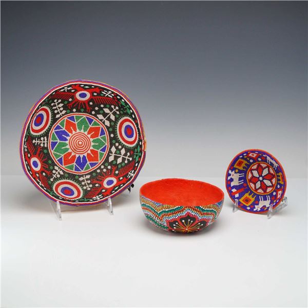 3pc South American Beaded and Hand Painted Gourd Bowls