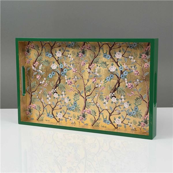L„ART Chinoiserie Songbird and Floral Lacquer Serving Tray