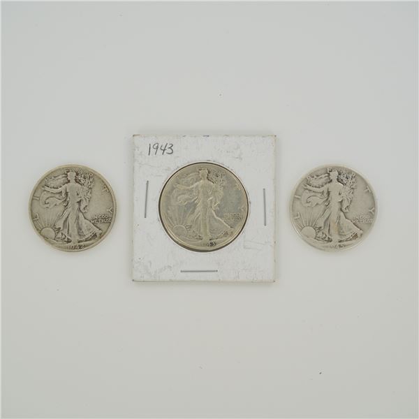 3pc US Walking Liberty Half Dollars, 1942, 1943, and 1945
