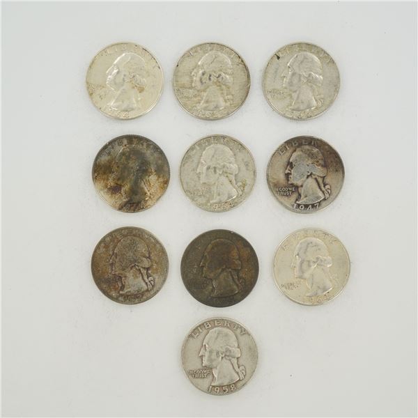 10pc Collection of US Silver Washington Quarters, 1942-1964