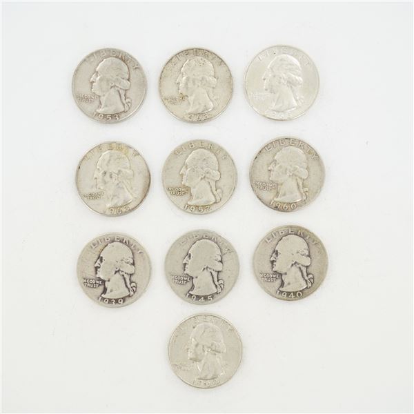 10pc Pre-1964 U.S. 90% Silver Washington Quarters