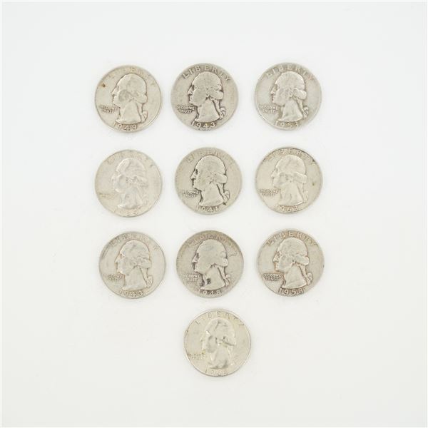 10pc Pre-1964 U.S. 90% Silver Washington Quarters
