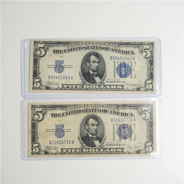 Two 1934 and 1934-C US Five Dollars Silver Certificates Blue Seal