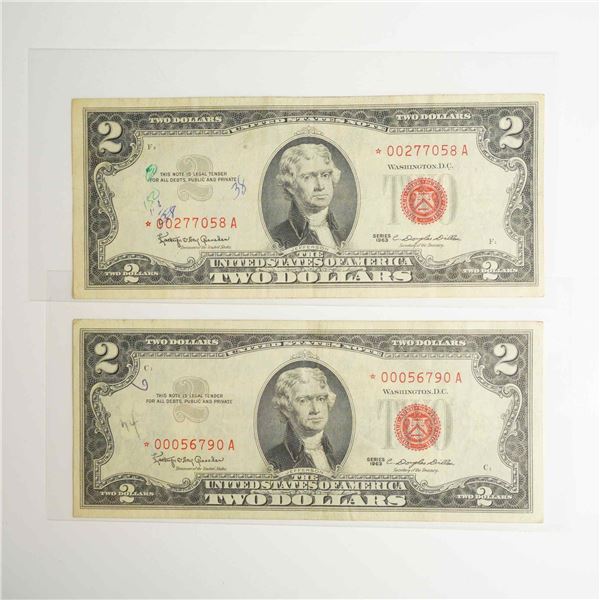 Two 1963 US Two Dollars Red Seal Star Notes