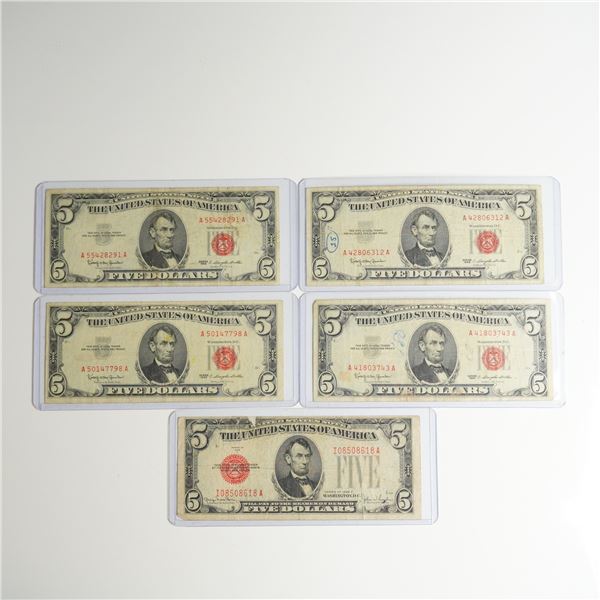 Five 1928 F and 1963 US Five Dollars Red Seal Notes