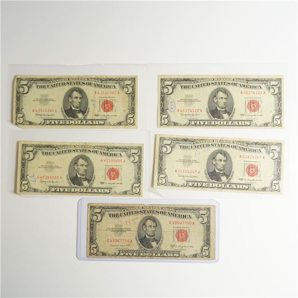Five 1953B and 1963 US Five Dollars Red Seal Notes