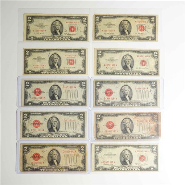 Ten 1928-D, F & G, 1953, 1953-A & B US Two Dollars Red Seal Notes