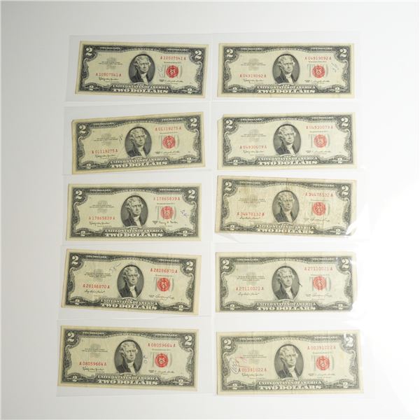 Ten 1953, 1963 and 1963 A US Two Dollars Red Seal Notes