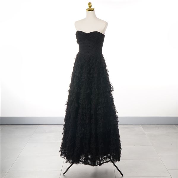 Betsey Johnson Black Strapless Tiered Lace Evening Gown Size 10