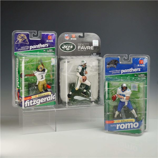 Three McFarlane Toys NFL and College Football Action Figures, Fitzgerald, Favre, and Romo
