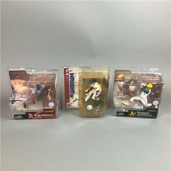 Three McFarlane Toys MLB Figurines in Boxes, Bob Gibson, David Wright, and Reggie Jackson