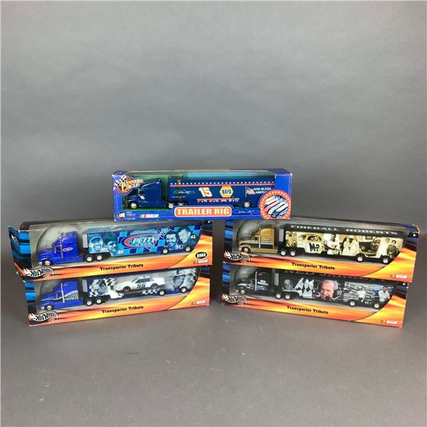 Five Hot Wheels Racing and Winner's Circle NASCAR Transporter Model Trucks