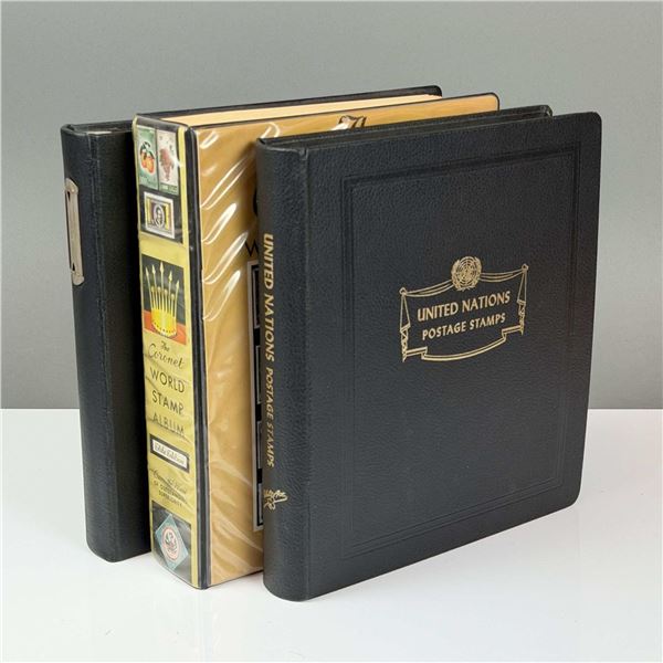 3pc UN, UK Channel Islands, and The Coronet World Postage Stamp Album Collection