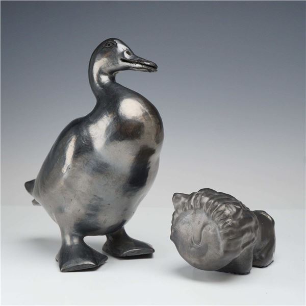 2pc Modernist Burnished Blackware Pottery Animal Figurines, Duck and Lion