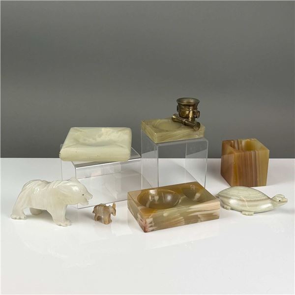 7pc Collection of Vintage Carved Onyx and Alabaster Desk Accessories and Animal Figurines