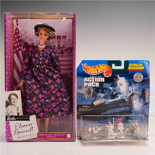 2pc Mattel Collector Items Including Eleanor Roosevelt Barbie and Hot Wheels Apollo Mission Action P