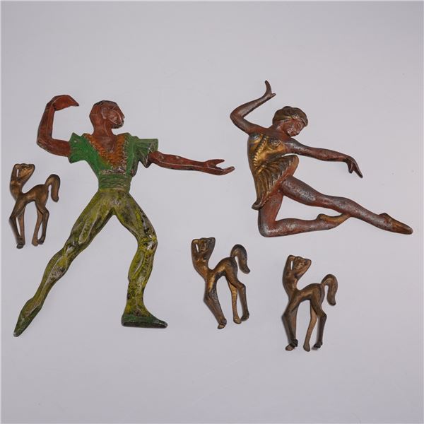 5pc Art Deco Style Cast Metal Wall Plaque Dancers and Mythical Creatures Figurines