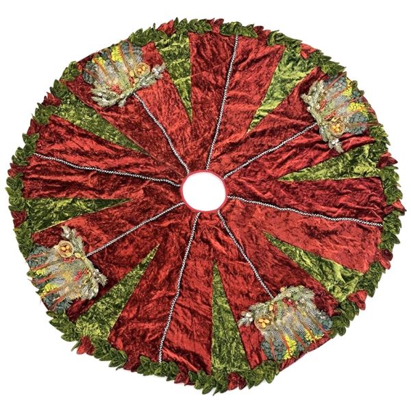 MacKenzie-Childs Rare Red and Green Velvet Christmas Tree Skirt with Snap On Woodland Nest Feathered