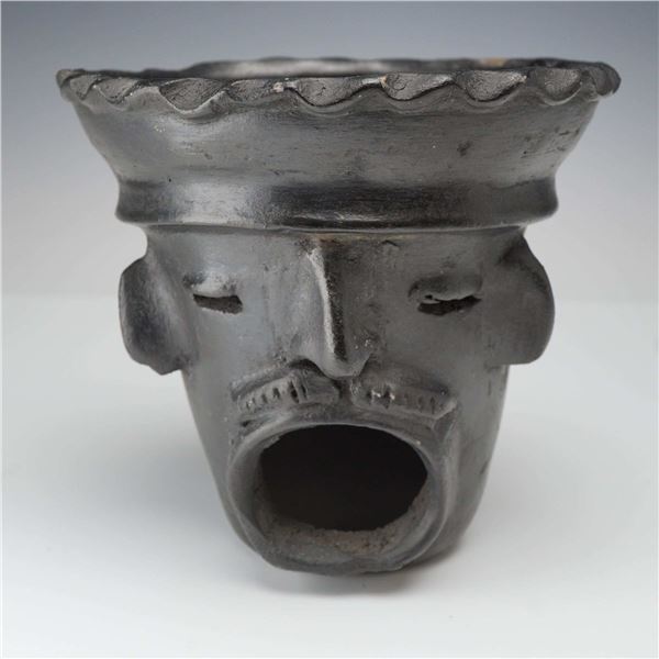 Mexican Blackware Pottery Anthropomorphic Head Incense Burner Brazier
