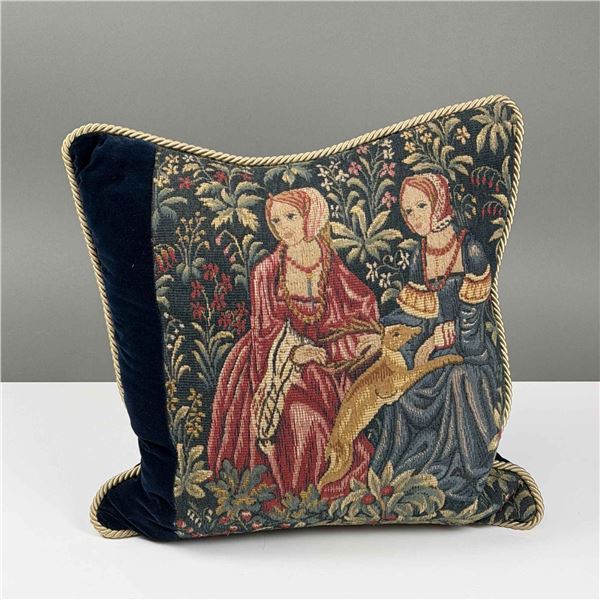 French Woven Tapestry and Navy Velvet Cushion by CJC St. Simons Island