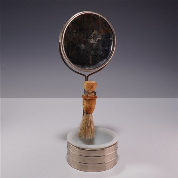Antique Silver-Toned Shaving Stand Set with Adjustable Mirror, Milk Glass Dish, and Wooden Brush
