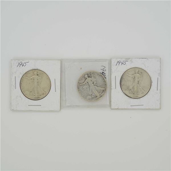 3pc US Walking Liberty 90% Silver Half Dollars, 1944-D and 1945