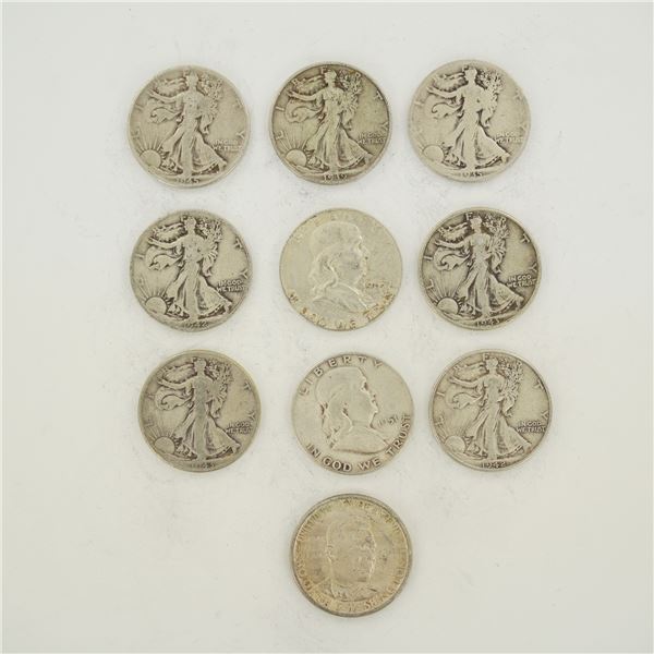 Ten US 90% Silver Half Dollars including Walking Liberty, Franklin, and Commemorative Issues