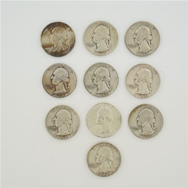 10pc Collection of US Silver Washington Quarters, 1940-1964