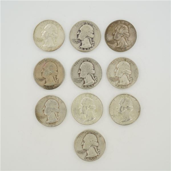 10pc Group of US Silver Washington Quarters, 1943-1964