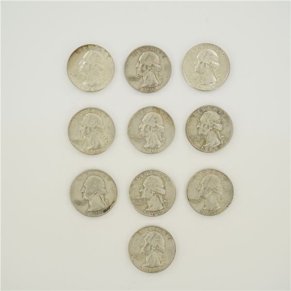 10pc Pre-1964 U.S. 90% Silver Washington Quarters