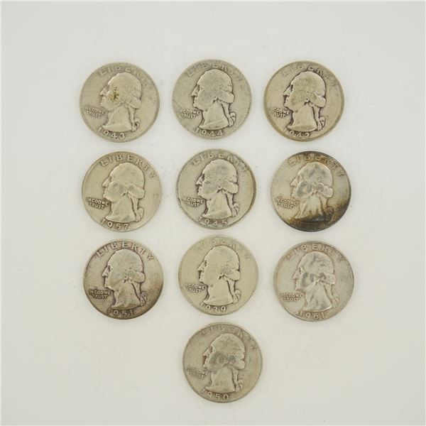 10pc Pre-1964 U.S. 90% Silver Washington Quarters