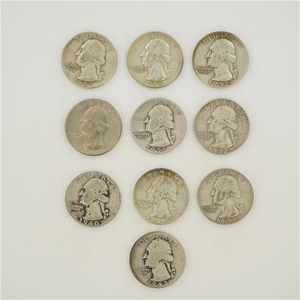 10pc Pre-1964 U.S. 90% Silver Washington Quarters