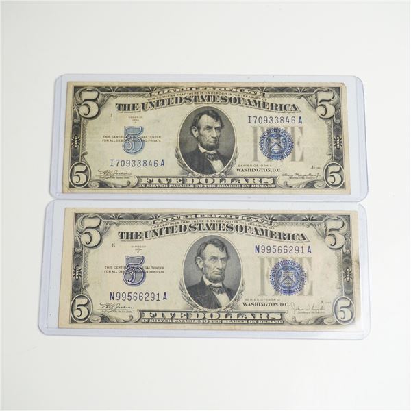 Two 1934 A & C US Five Dollars Silver Certificates Blue Seals