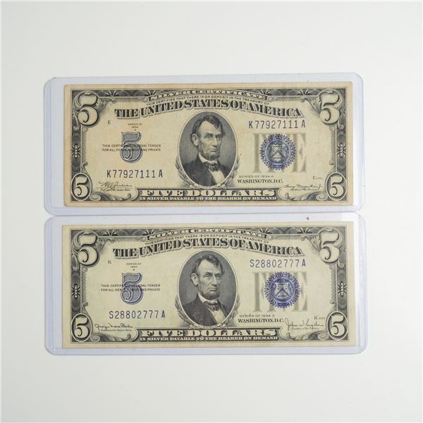 Two 1934-A & D US Five Dollars Silver Certificate Blue Seal Notes