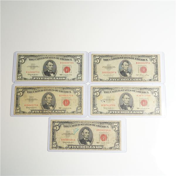 Five 1953 and 1963 US Five Dollars Red Seal Notes