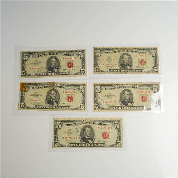 Five 1963 US Five Dollars Red Seal Notes